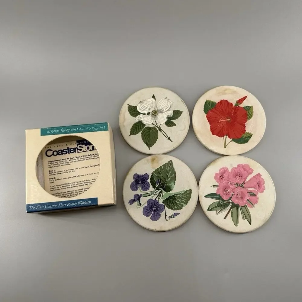 Vintage CoasterStone Floral Sandstone Coaster Set of 4 With Original Box
